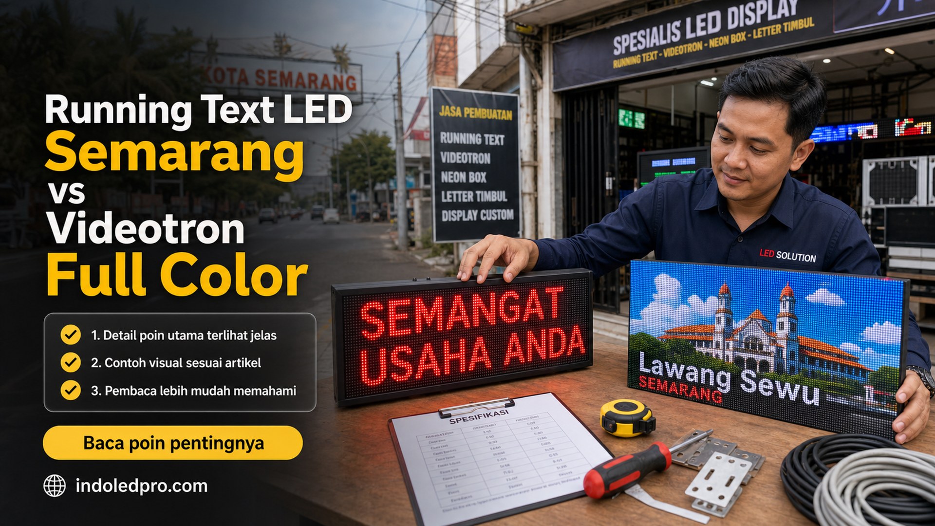 Ilustrasi sewa videotron Semarang - Running Text LED Semarang vs Videotron Full Color
