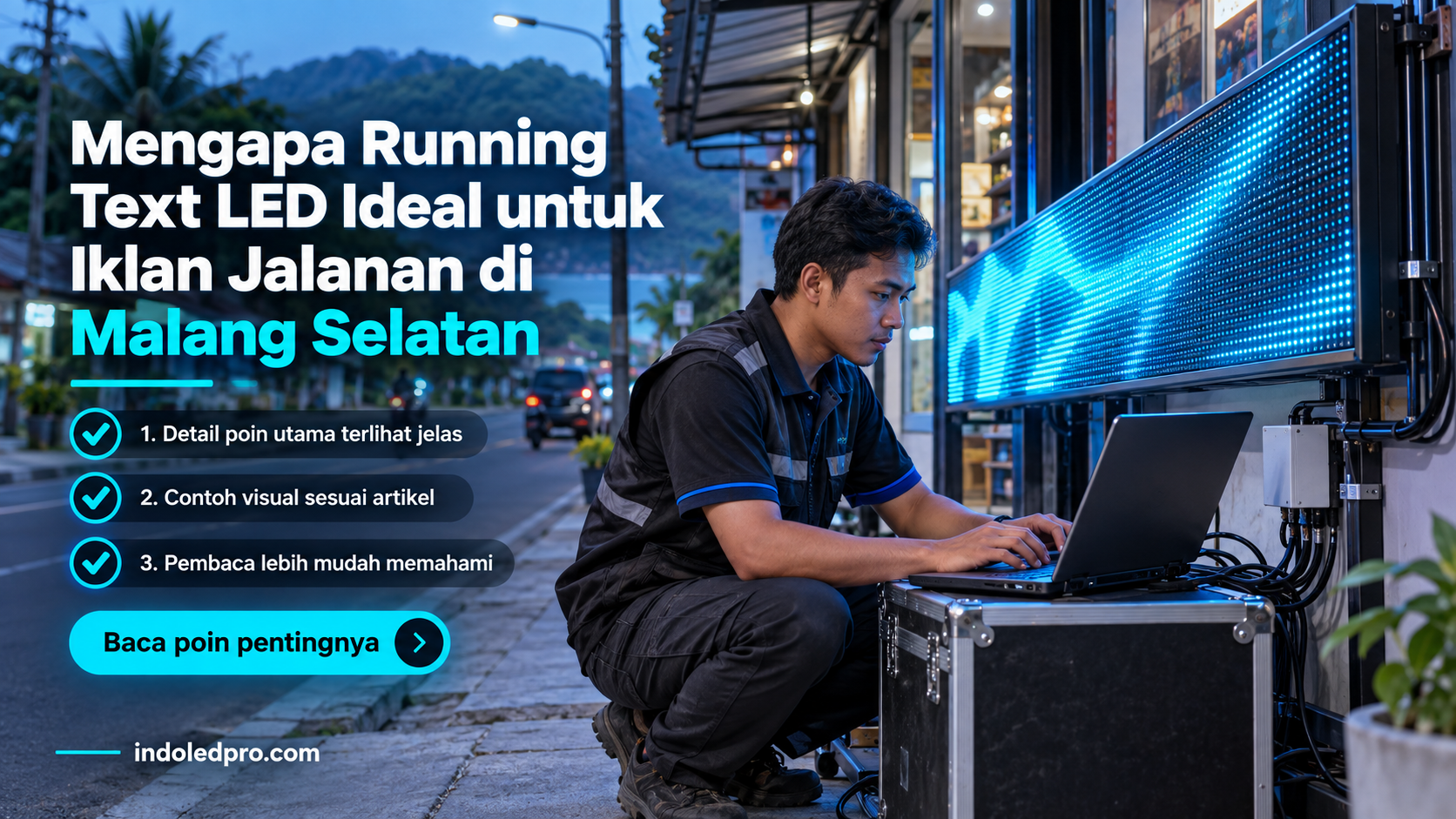 Ilustrasi sewa videotron Semarang - Mengapa Running Text LED Ideal untuk Iklan Jalanan di Malang Selatan