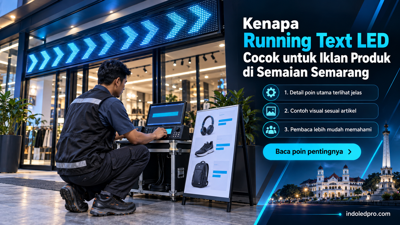 Ilustrasi sewa videotron Semarang - Kenapa Running Text LED Cocok untuk Iklan Produk di Semaian Semarang