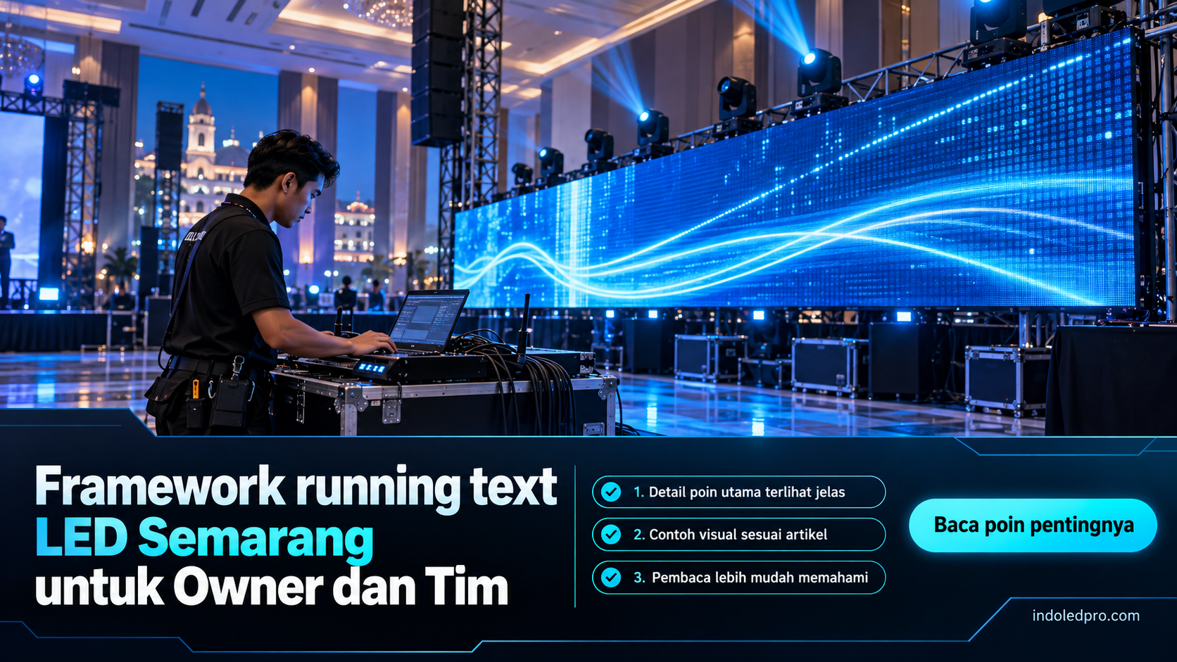 Ilustrasi sewa videotron Semarang - Framework running text LED Semarang untuk Owner dan Tim